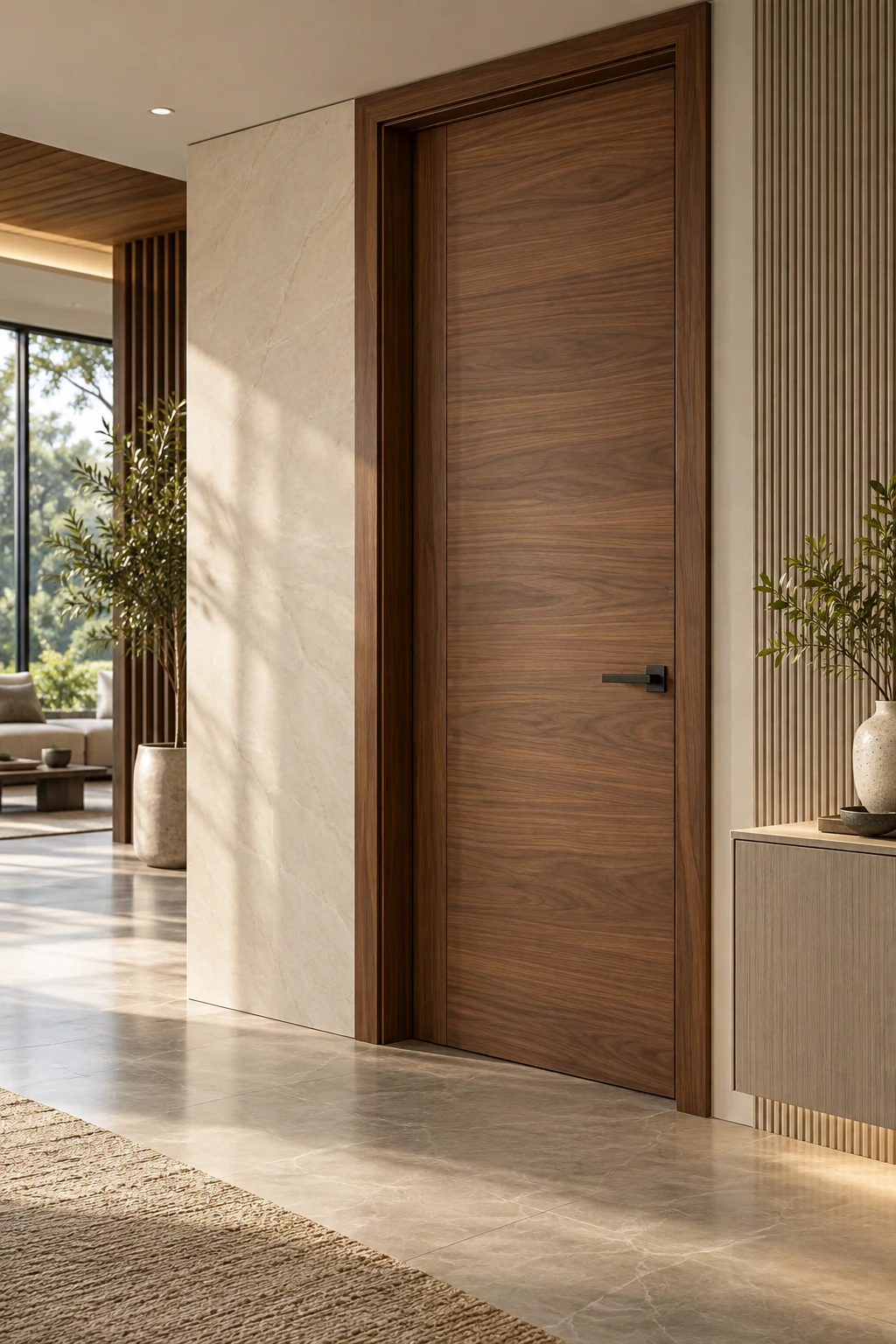 Interior design concept featuring a walnut door and frame with decorative surfaces