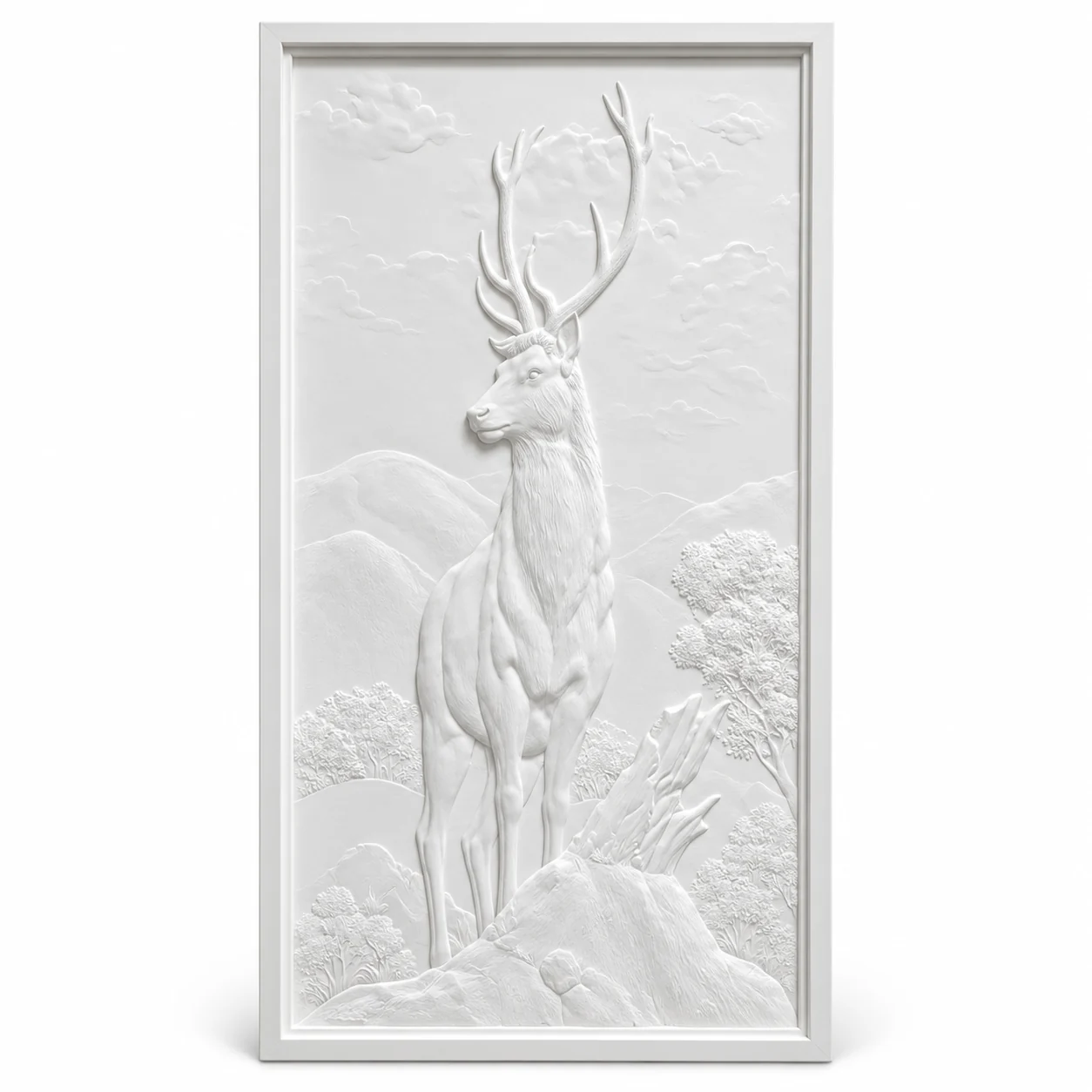 White carved relief of a deer in a forest landscape