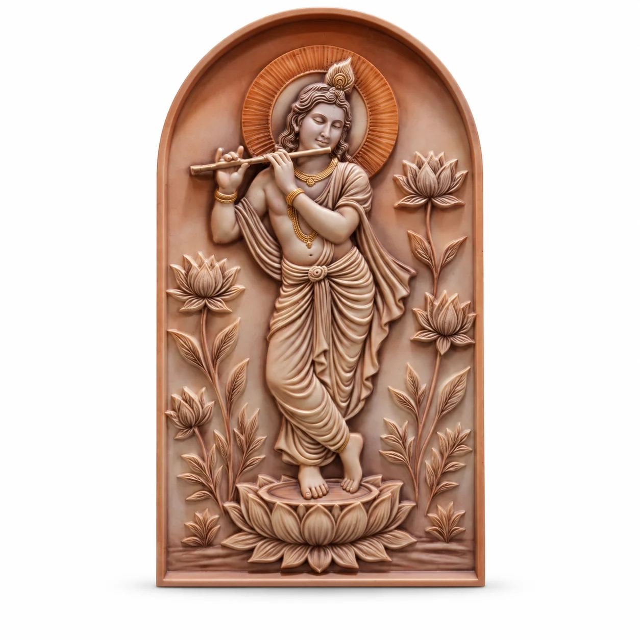 Warm bronze arched Krishna panel with flute and lotus flowers