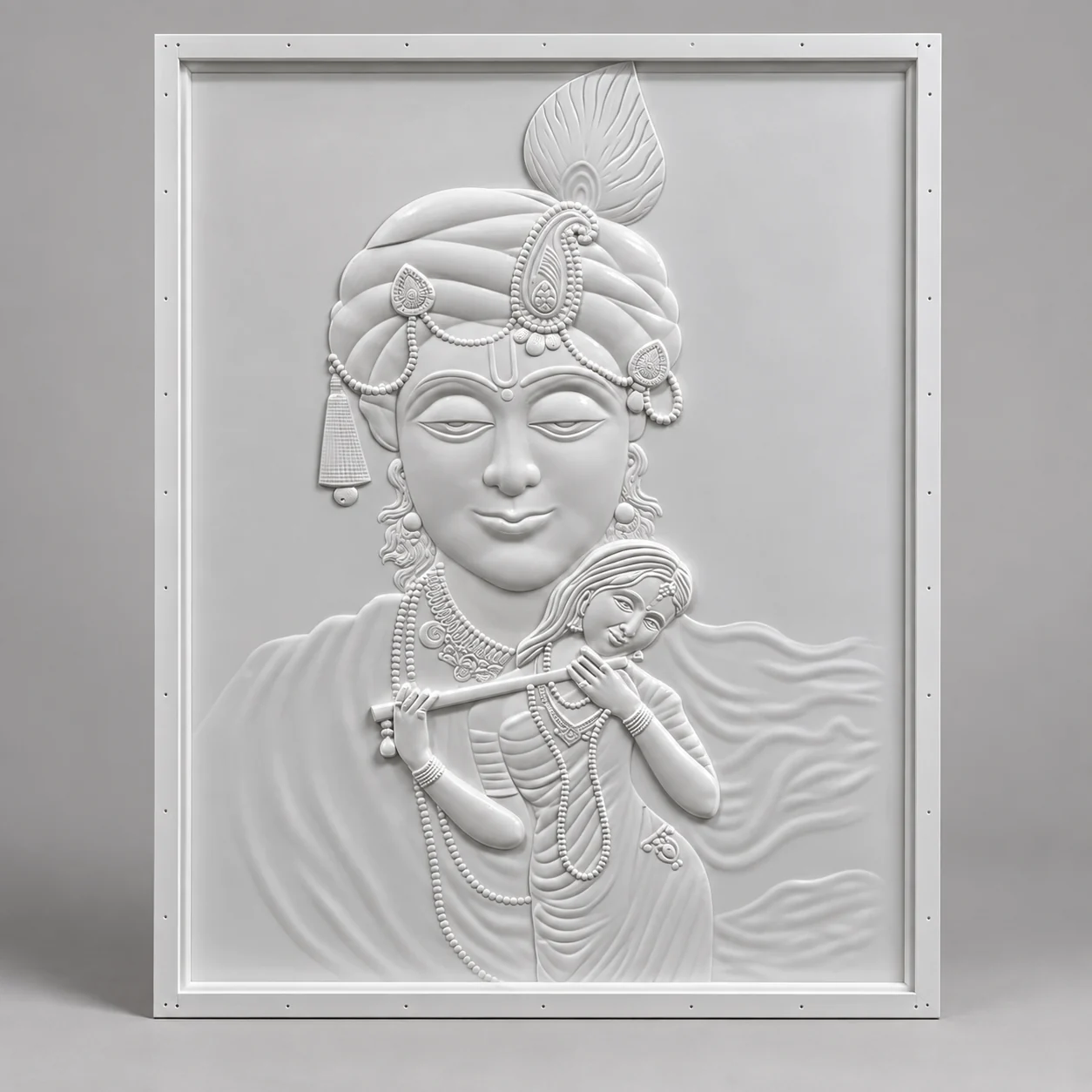White Krishna relief with flute and detailed ornament carving