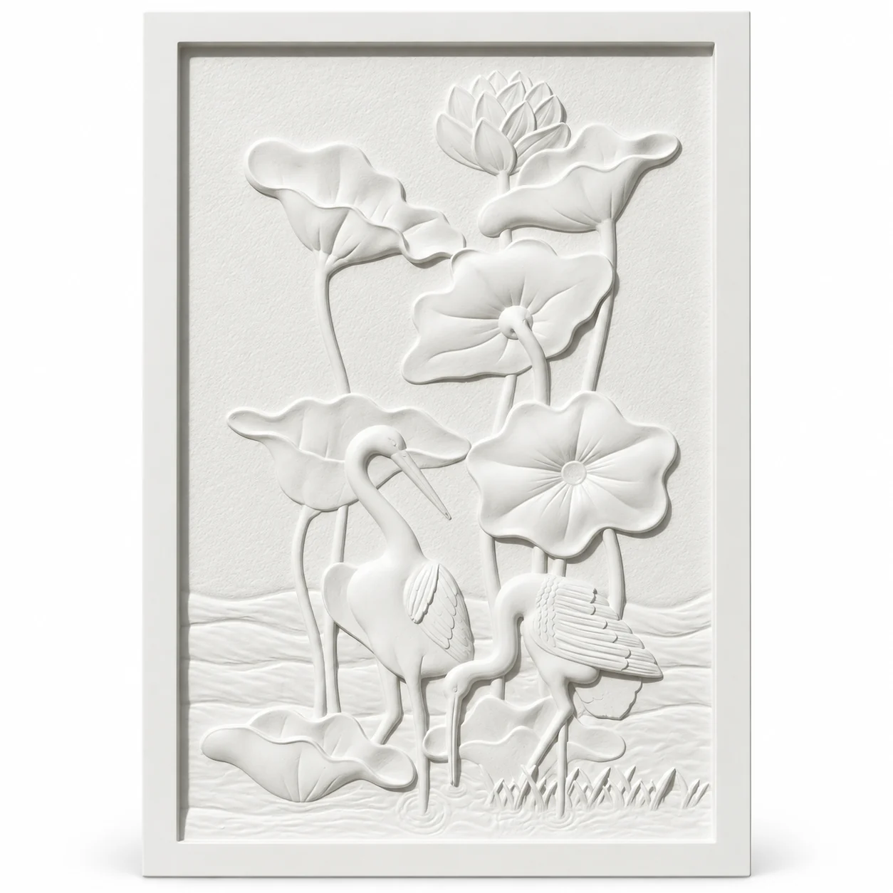 White CNC relief of two cranes among lotus flowers